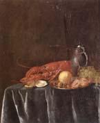 Pieter Gijsels Still life of a lemon,hazelnuts and a crab on a pewter dish,together with a lobster,oysters two wine-glasses,green grapes and a stoneware flagon,all u oil painting image